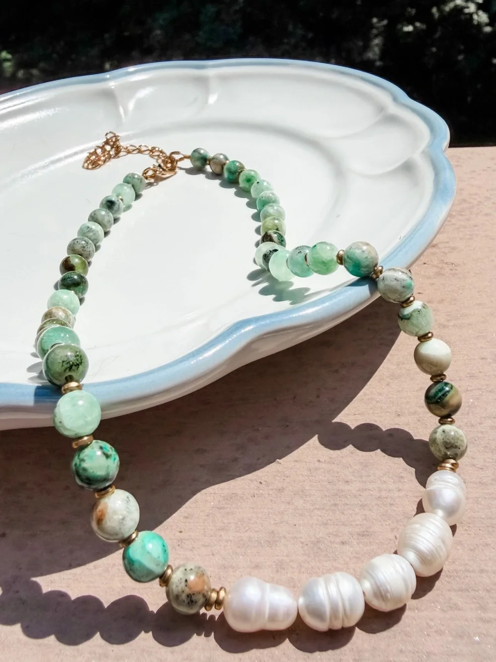 N3 Handcrafted Green Natural Stone and Freshwater Pearl Beaded Necklace